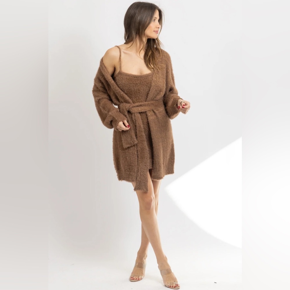 Cozy Brown Knit Cardigan and Mini Dress SET Size Small NWT